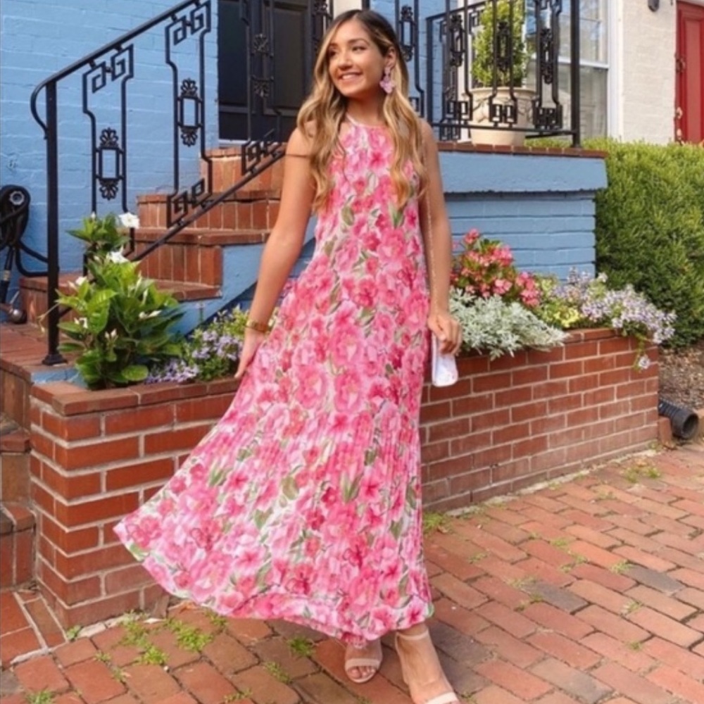 Zara Pink Floral Pleated Open Back Long Maxi Dress